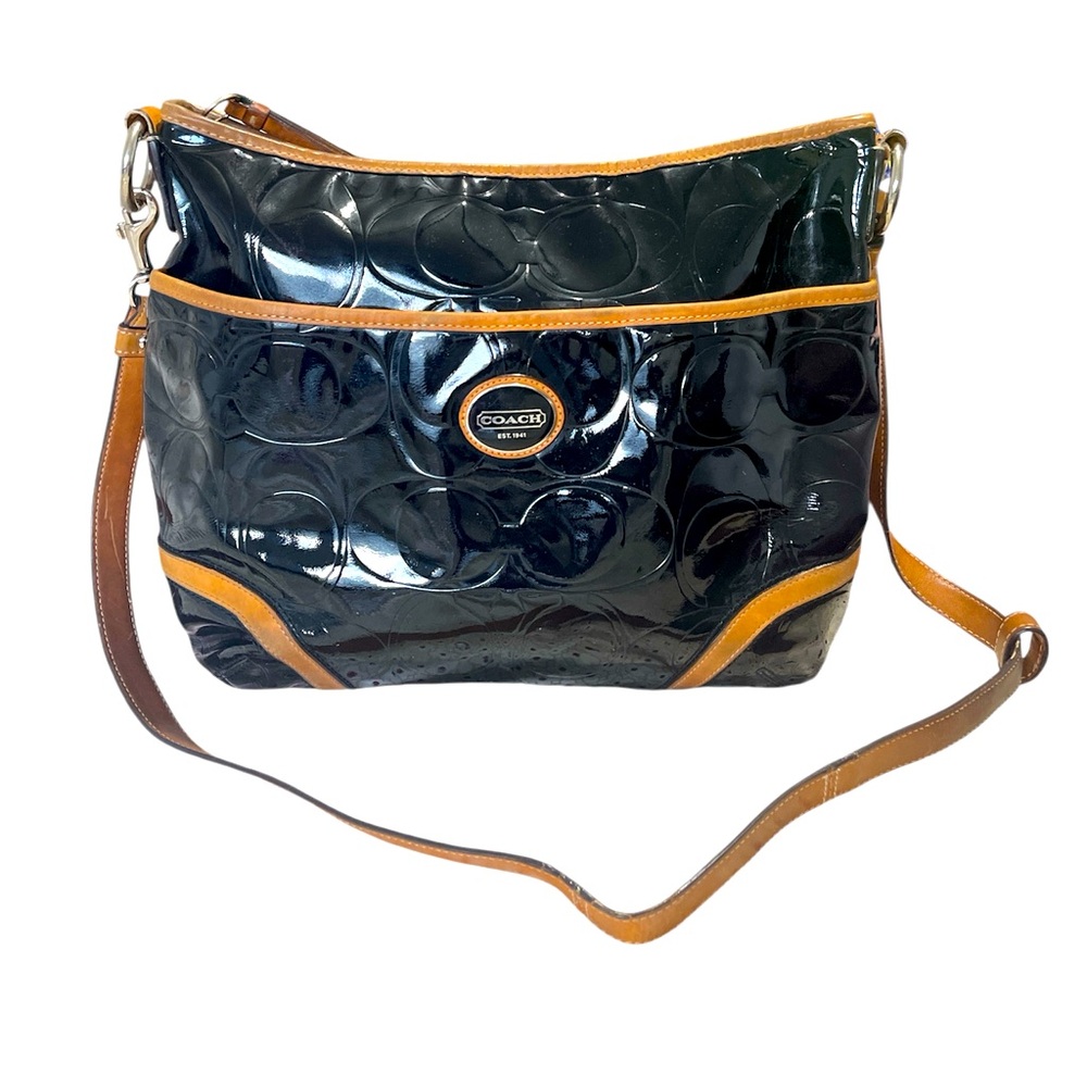 Coach embossed signature logo patent leather Peyton tote.